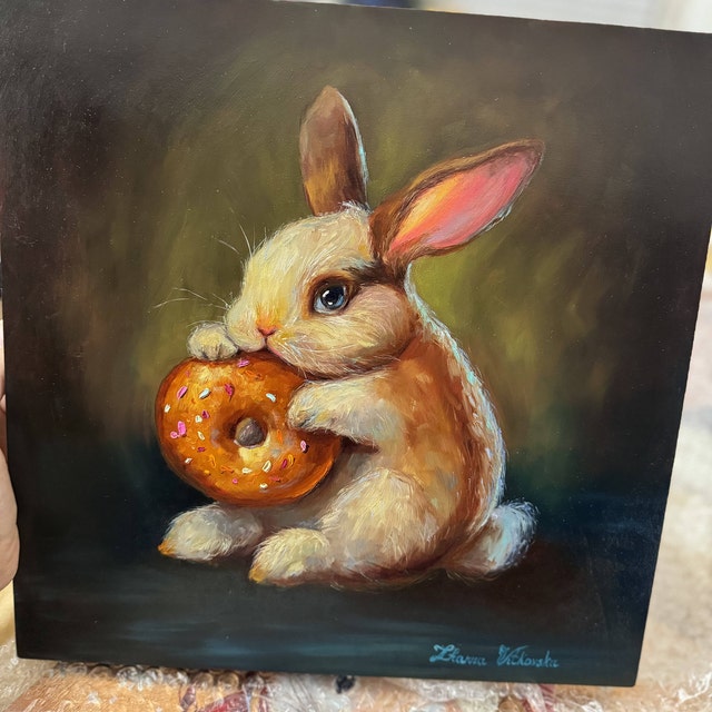 Buy Rabbit Painting Original Art Donut Artwork Oil Painting 