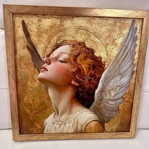 黄金の天使の肖像画キャンバス、穏やかな天使の芸術、エレガントな宗教
