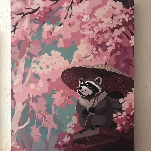 Whimsical Tanuki Cherry Blossom Travel Poster Print Adorable