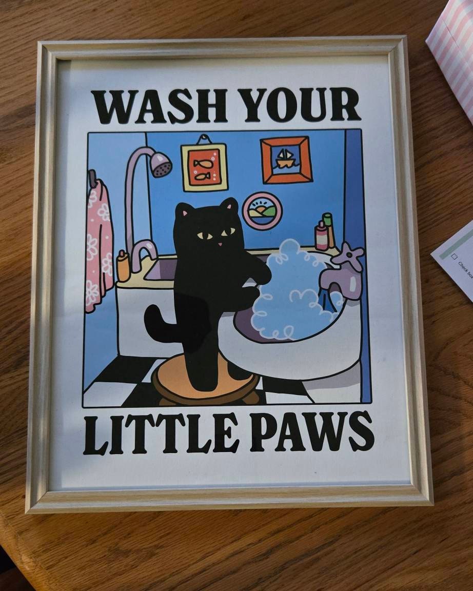 Wash your Paws Green Cat Print, Cute Bathroom Poster, Wash Room Childrens Washing up Posters, Kawaii Prints Decor, Unique Cats Art, UNFRAMED