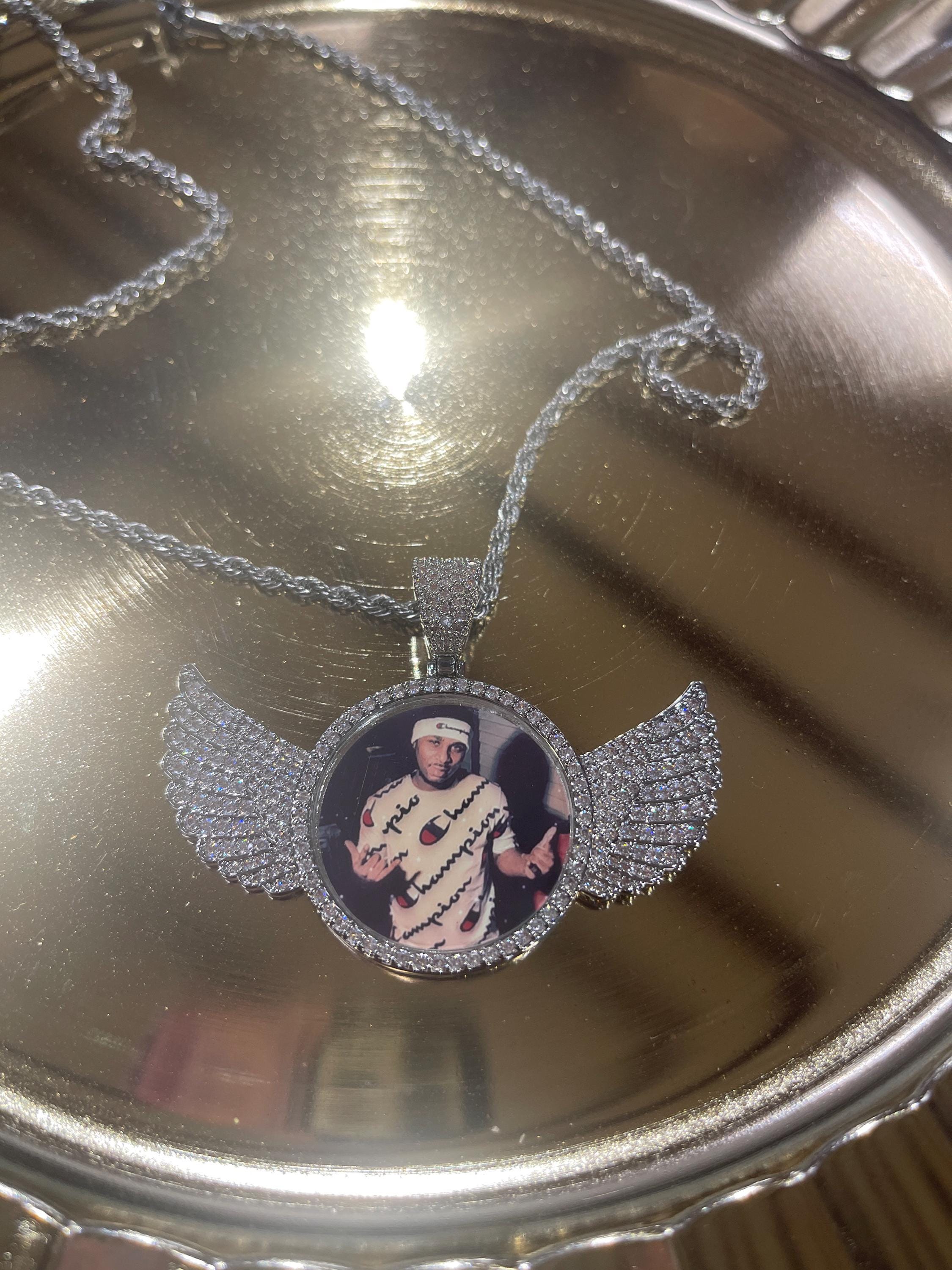 Personalized Diamond Studded Angel Wings Photo Necklace, Photo Necklace, Hip Hop Photo Pendant, Iced Custom Round Photo Pendant