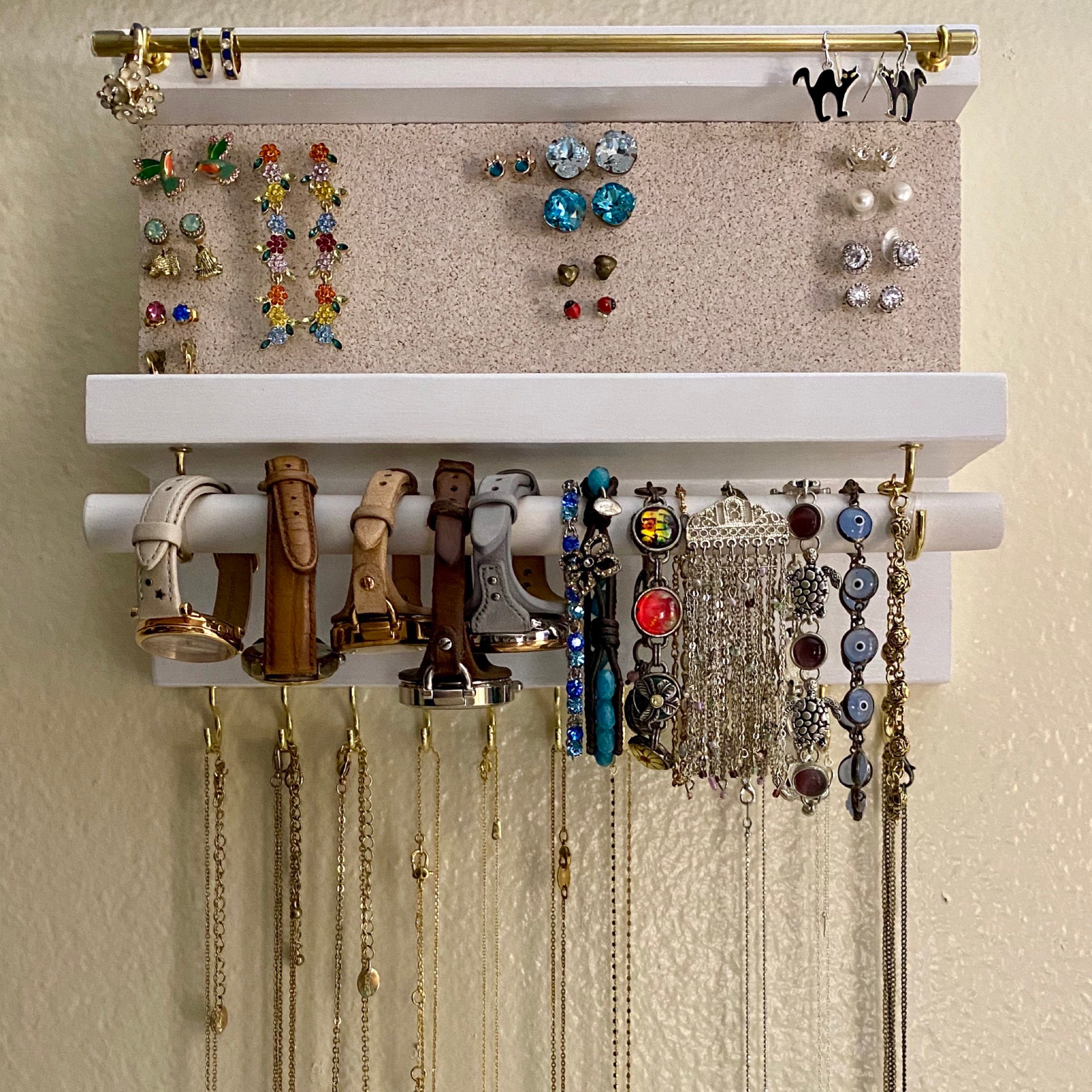White Jewelry Organizer with Shelf, Necklace Holder, Cork Earring