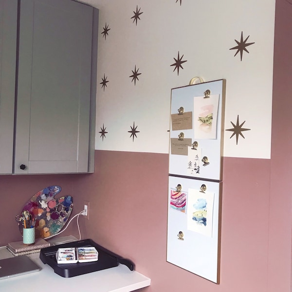 Mid Century Modern Stair Stickers, 13-Piece Retro Green Starburst Riser Decals, 50s Atomic Decor