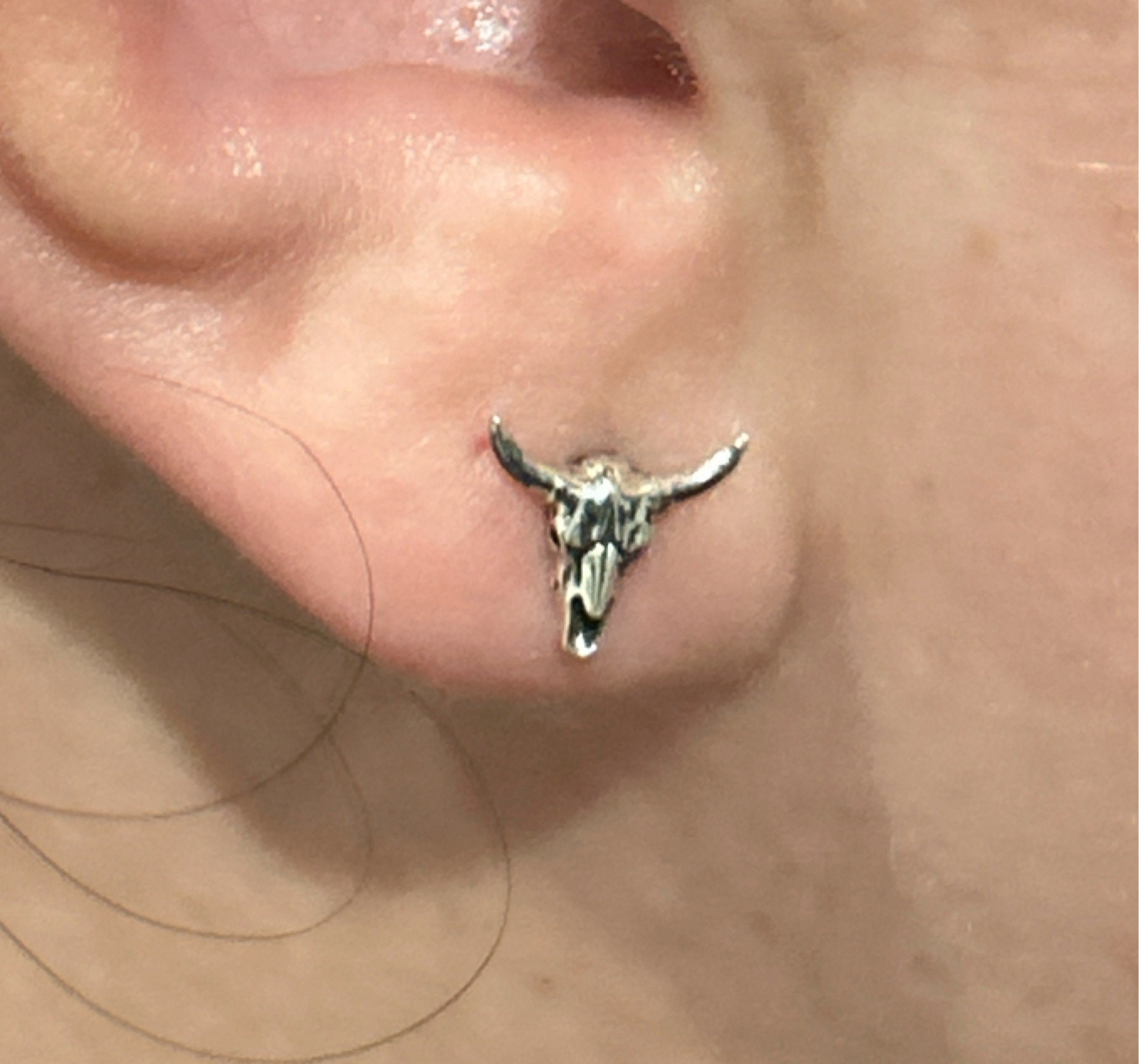 Sterling Silver Tiny Bull Skull Stud Earrings, Silver or Gold or Rose Gold,  Bull Skeleton Earrings in Sterling Silver