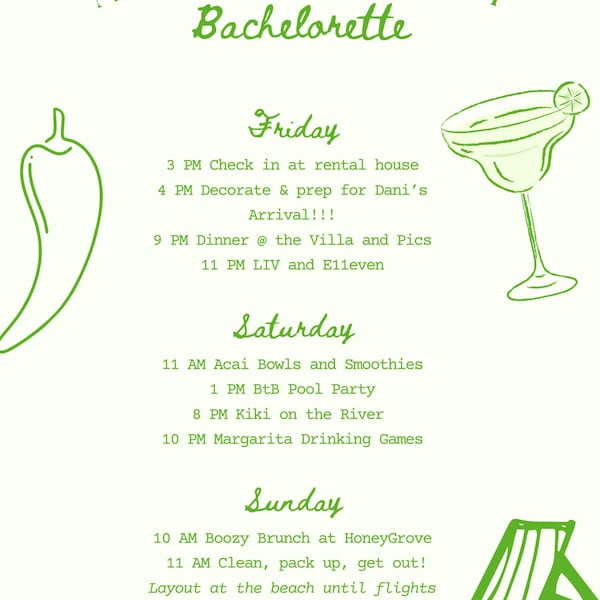 Margarita Bachelorette Party Itinerary Template, Margs & Matrimony Bach ...