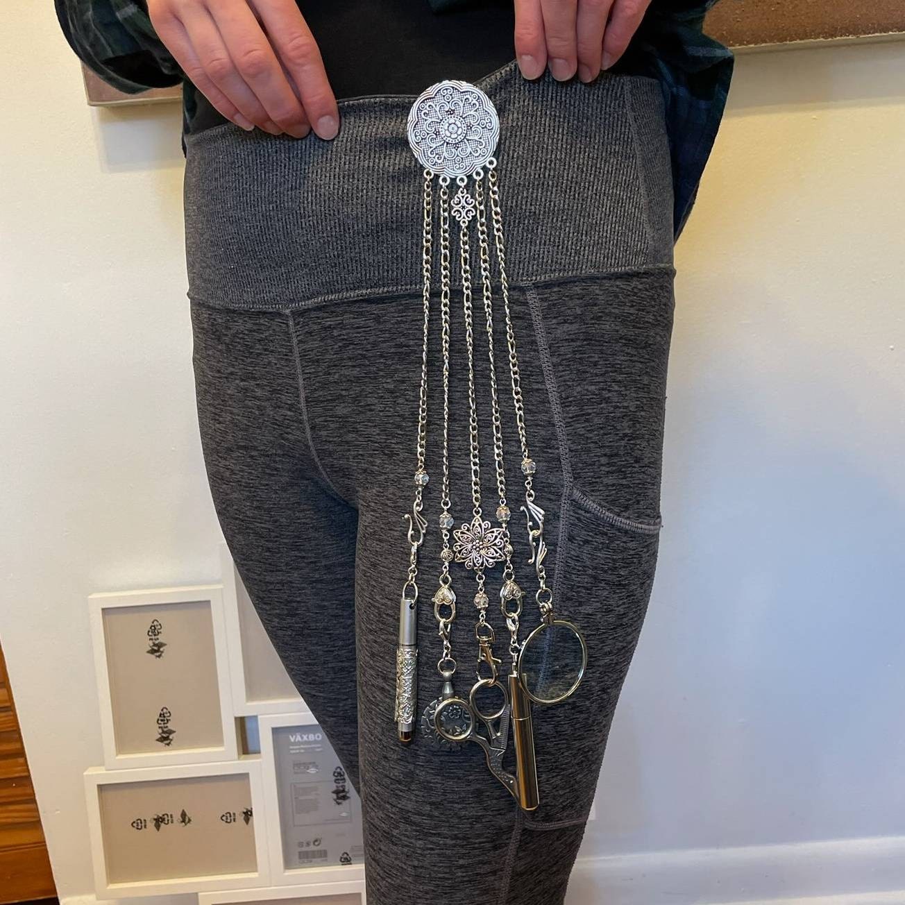 Round Floral Chatelaine with Waist Clip  5 Chains and Hooks for Fiber Arts