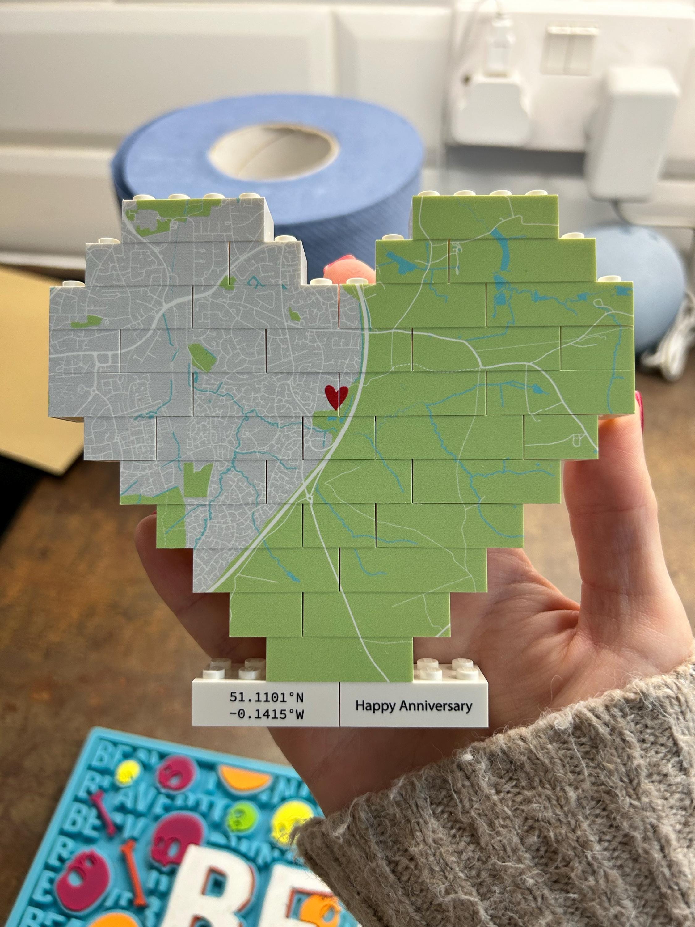 Personalised Map Print Heart made with Bricks, Engaged, Wedding Present, Anniversary, Romantic, Valentine, Keepsake, New Home, Jigsaw