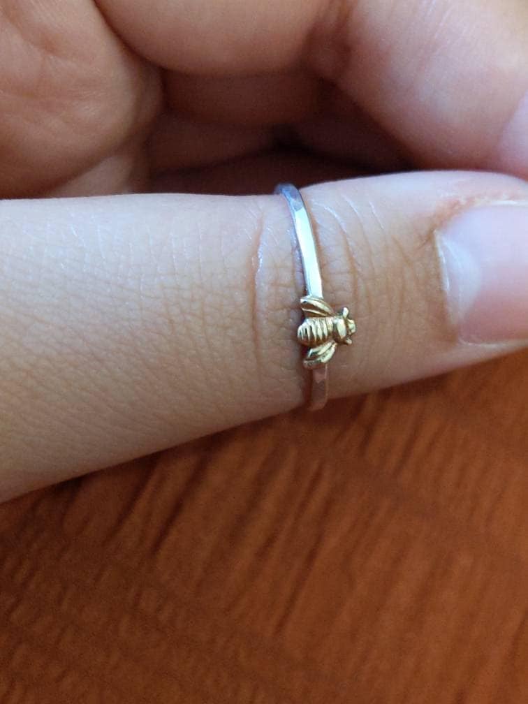 Simple tiny sterling silver bee ring, silver and gold brass stacking ring, hammered band ring, gift for women