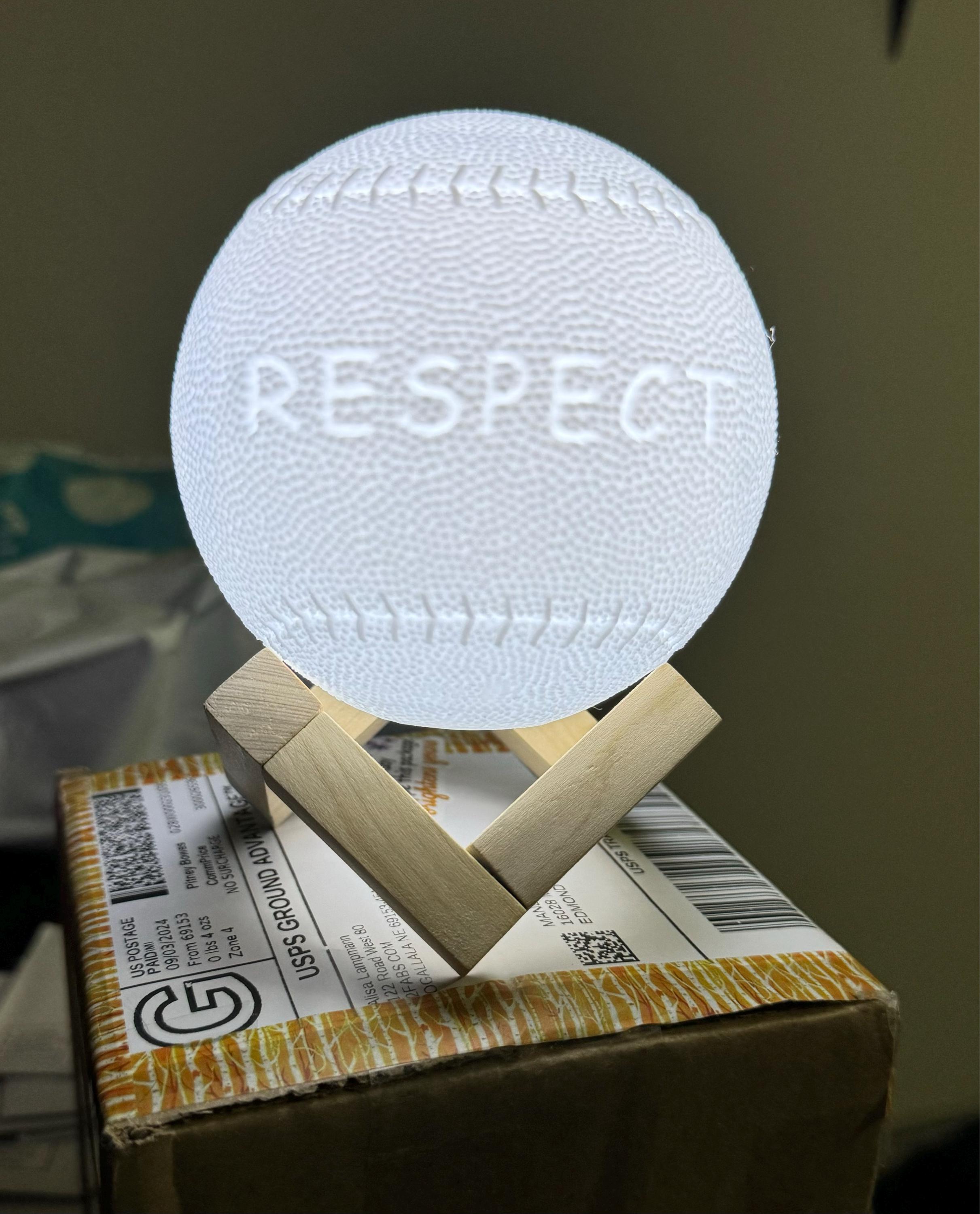 Personalized Gift Baseball 3D Night Light - 16-Color LED, Rechargeable, USB, Ceramic/Wood Base