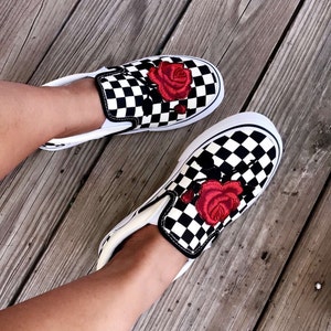 Checkered Slip on Vans Rose Embroidery Shoes Sewn on Rose - Etsy