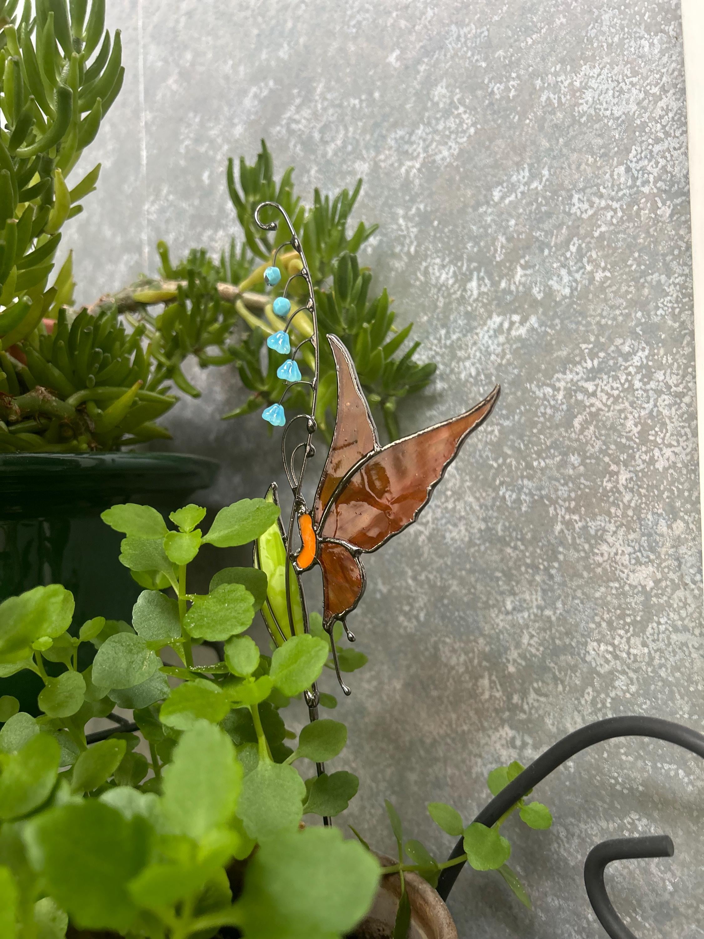 Stained glass Butterfly decor - Garden stake and Suncatcher 2 in 1 - Butterfly plant stake on metal rod - Thank You Gift for Mom