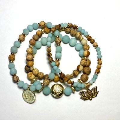 Inner Peace and Harmony Wrist Mala Set, Amazonite and Jasper Bracelets ...