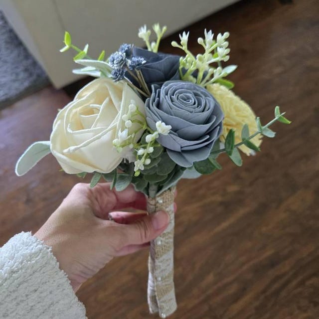 Wood Flower Dusty & Slate Blue Wedding Bouquet / Rustic