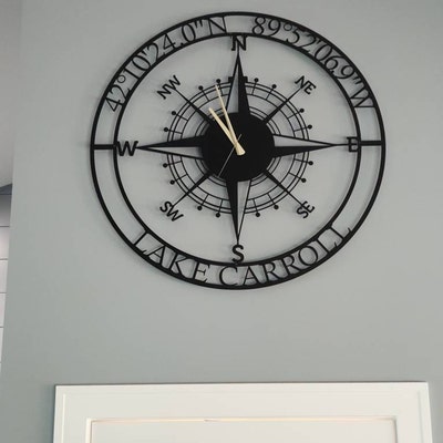 Personalized Compass Metal Wall Clock, Custom Coordinates Wall Clock ...