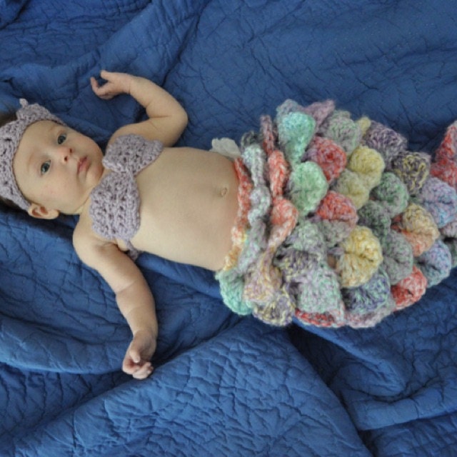 Crochet Bleu Clair Petite Sirène - Tenue Nouveau-né 0-3 Mois - Fait Main USA