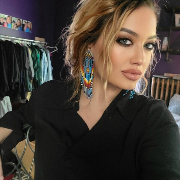 Long Beaded Earrings Handmade Native Style Beaded Hook Earrings - Bohemian Ethnic Fashion, 3.5 Inch Dangle Wood Tribal Earrings - Foto 8