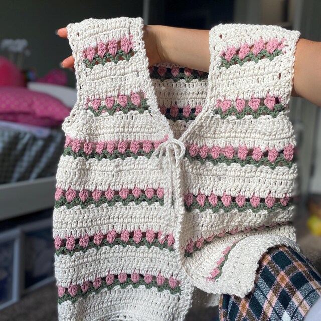 PDF Crochet Pattern- Tulip Stitch, Flower Garden Vest by Realm