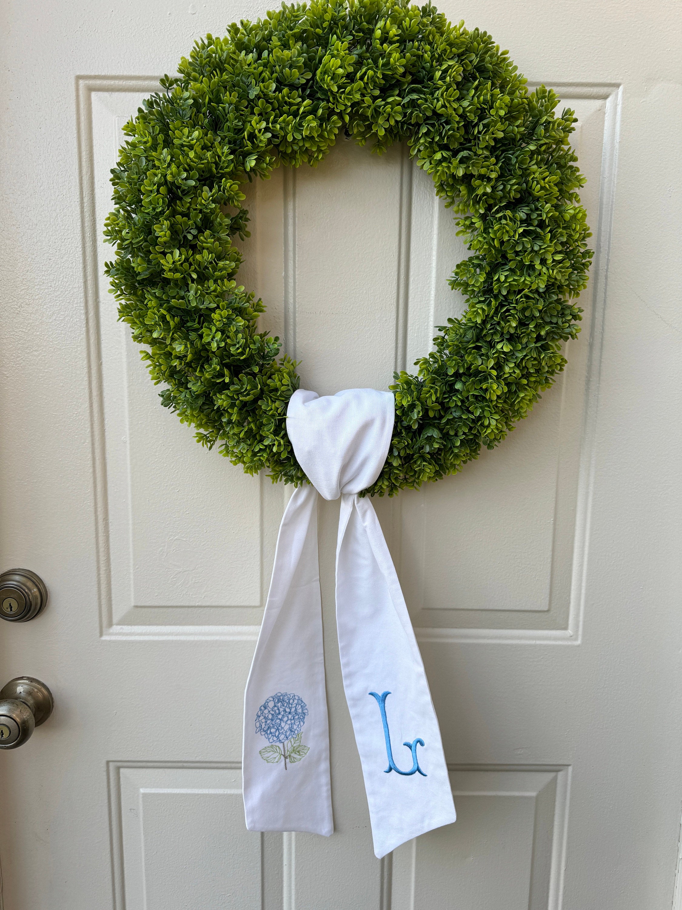 Blue Hydrangea Wreath Sash with Monogram Initial for Front Door Decoration for Home, Party, or Wedding Venue