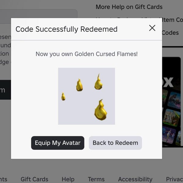 Roblox DLC Golden Cursed Flames Limited Edition DIGITAL Code Iap Dg3pq4n8 