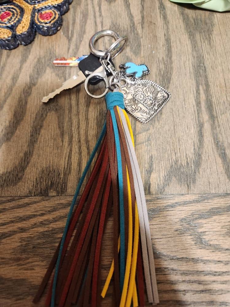 Initial Monogram Keychain/ Turquoise Charm/Initial Cattle Ear Tag Keychain/multi color tassel fringe keychain