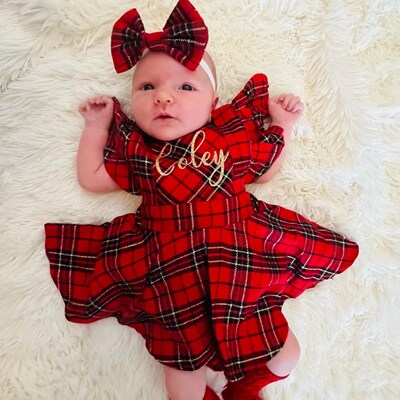 Plaid Christmas Girls Outfit, Christmas Girl Romper, Personalized ...
