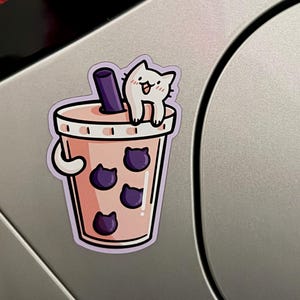Pink Bubble Tea Cat Magnet | Pink Boba Tea Fridge Magnet | Kawaii
