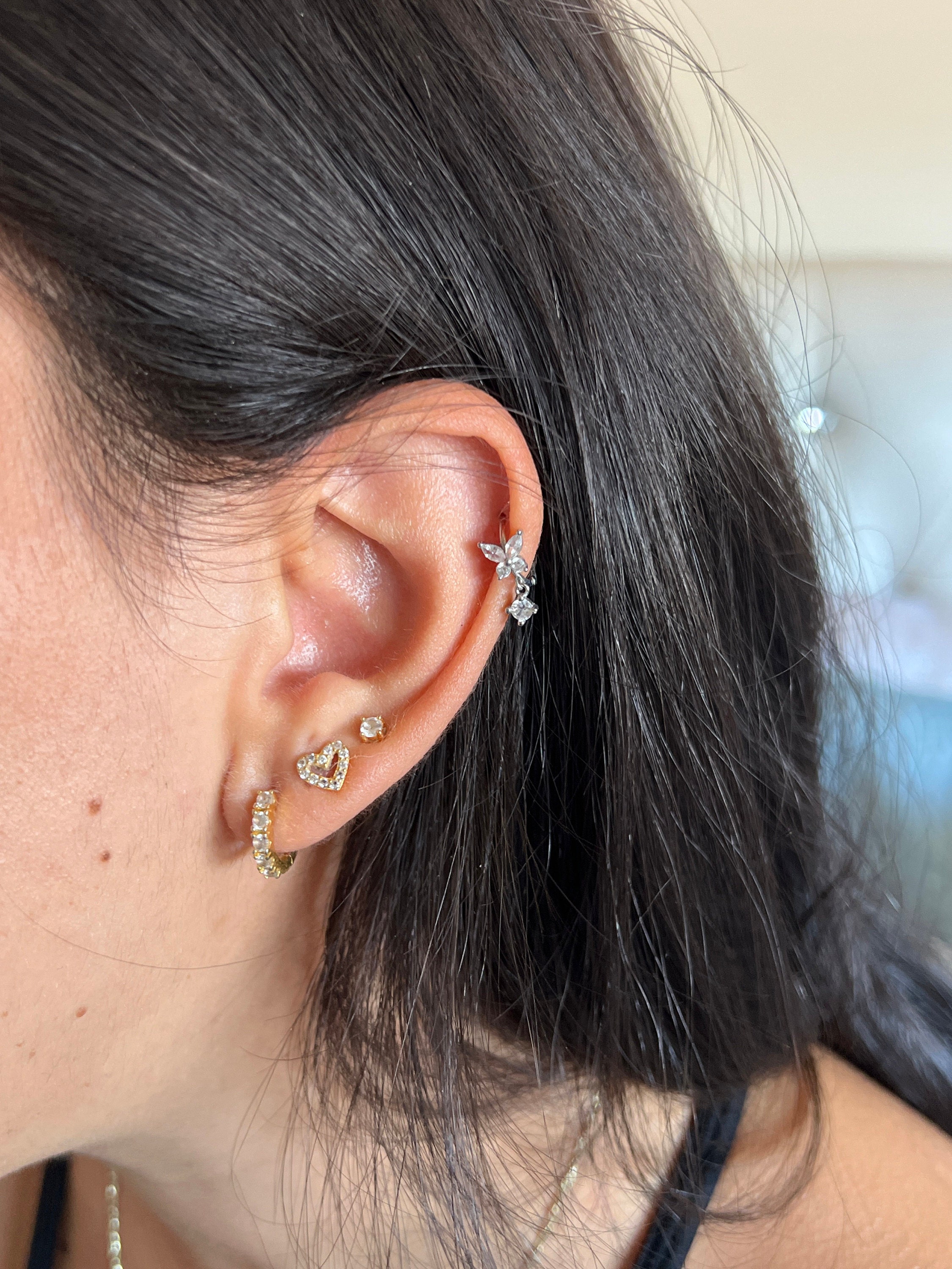 Butterfly hoop earrings - Cartilage hoop earrings - Cz dangle charm hoops - Cz earrings - Minimalist earrings - Tiny Hoop Earrings