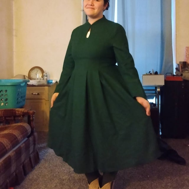 Vintage Inspired Winter Wool Dress Women, Mandarin Collar Wool Dress, A-line  Green Wool Dress, Retro Swing Long Dress, Xiaolizi 1621 