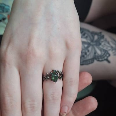 Heart Cut Green Emerald Engagement Ring Art Deco Solid 14k White Gold ...