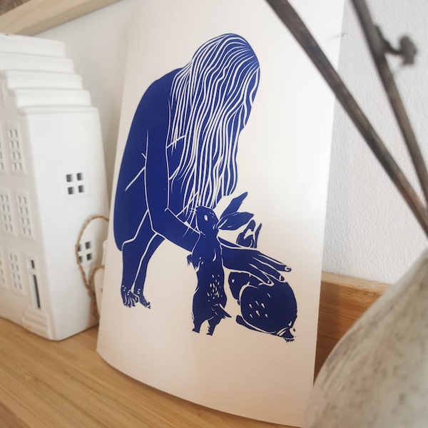 Nature Child Original Linocut Print | Artybymarty | Female With Bunnies ...