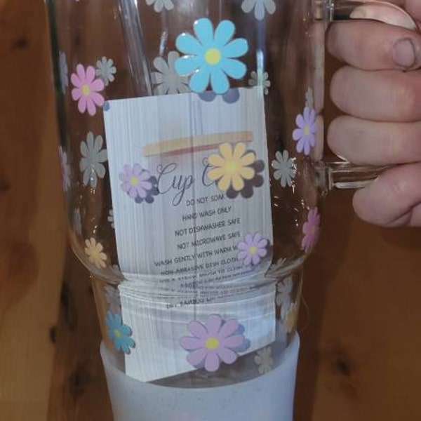 Flower Glass Cup, Large Glass With Handle, Trendy Cup With Lid and ...