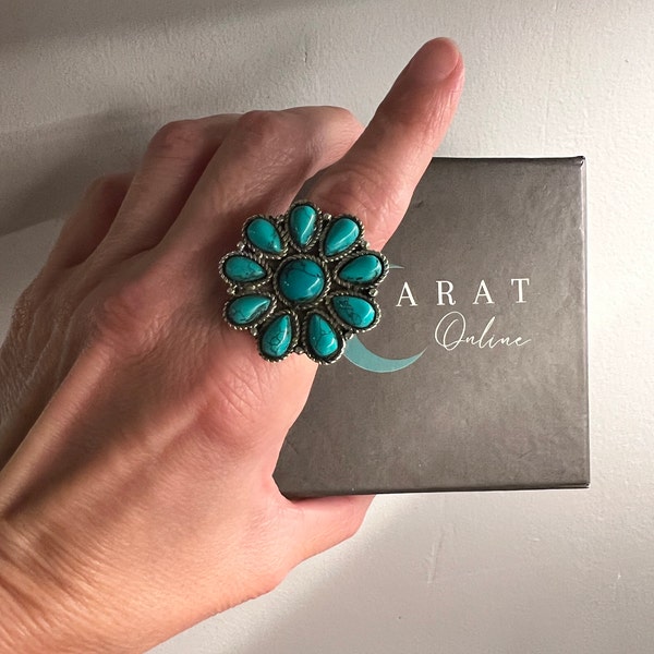 Oxidized Flower Ring with Turquoise main image 1