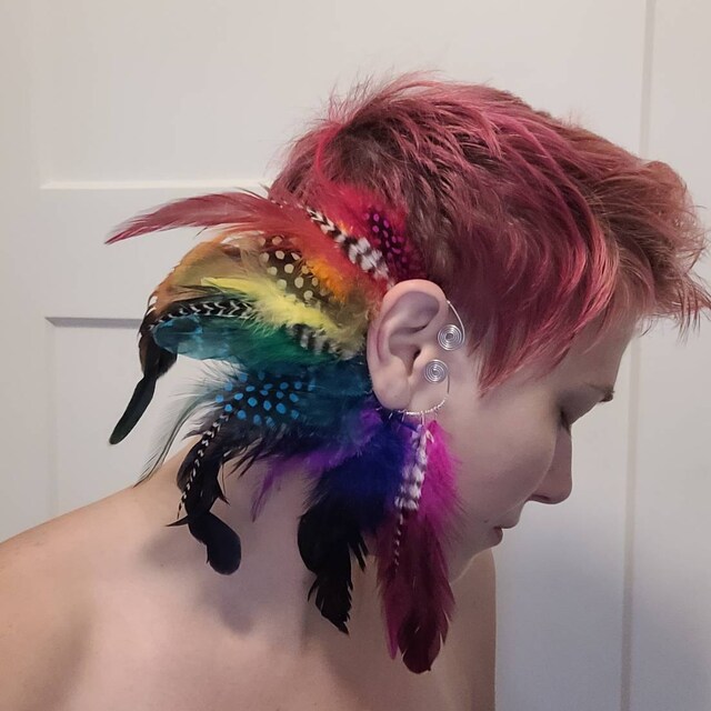 Handmade Rainbow Feather Ear Cuff, Earring, Macaw Parrot  display picture 1