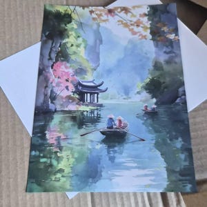 水彩画の風景 桜とボート 額装済み F６号サイズ 日本の庭園の水彩画プリント：桜の壁掛けアート、桜の池の風景画