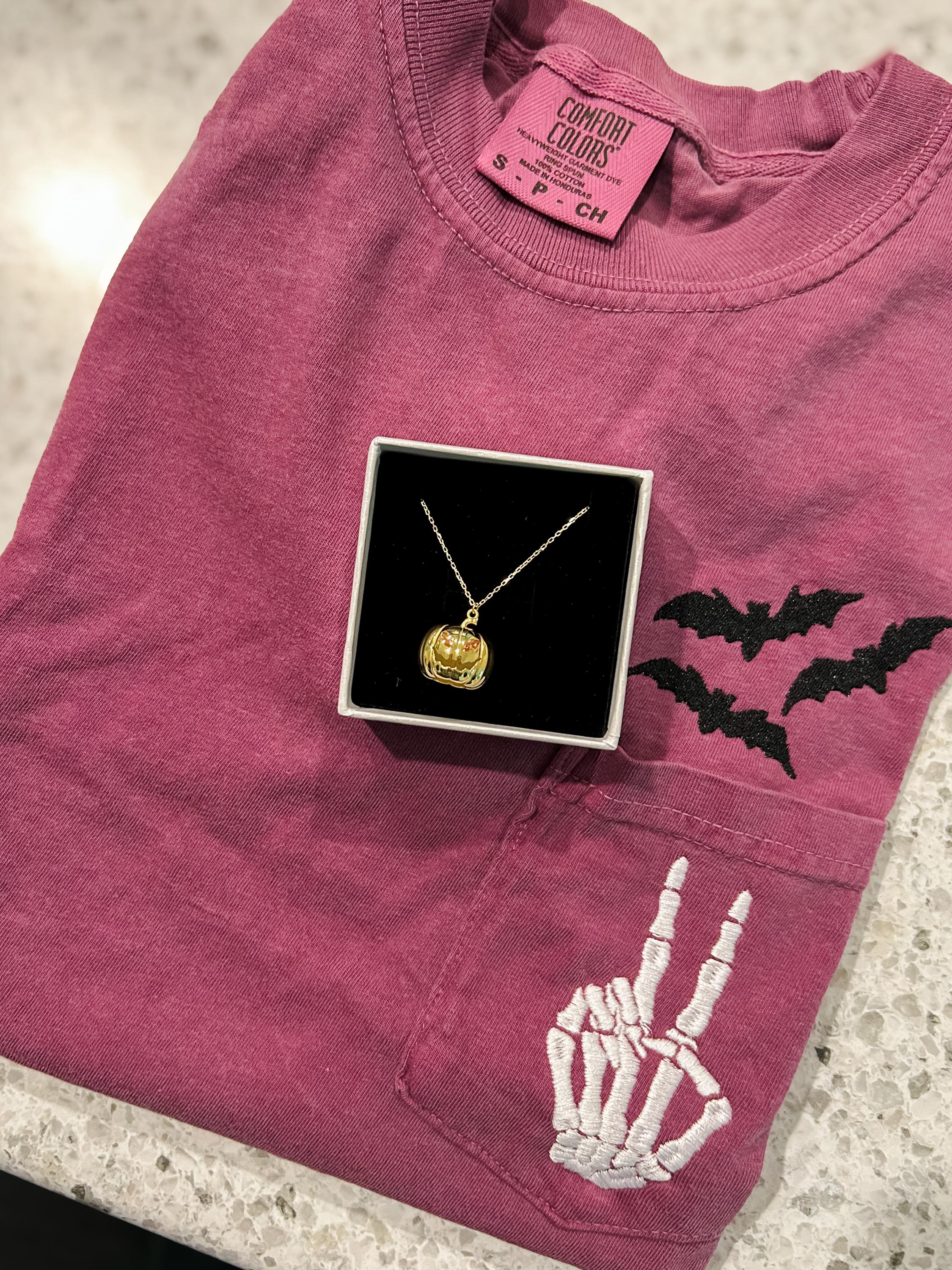 Embroidered Halloween Pocket Tee, Short Sleeve Skeleton Tshirt, Comfort Colors Pocket Tee, Spooky Shirt, Womens Halloween Shirt