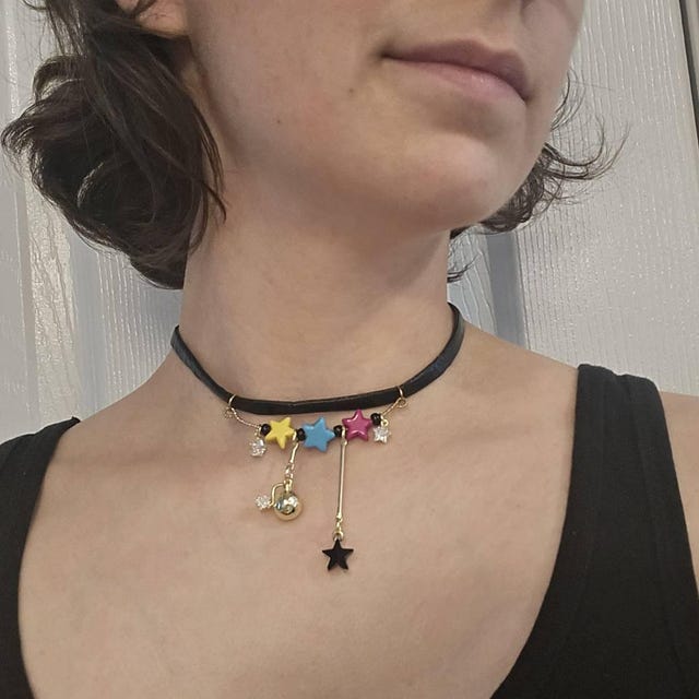 Black Leather Dangling Star Choker: Dainty Black Celestial Collar