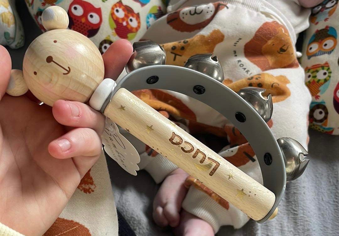 Personalised Wooden Bell Rattle, Engraved Baby Gift, Birthday, Christening, Christmas Present, Musical Instrument, Music Gift