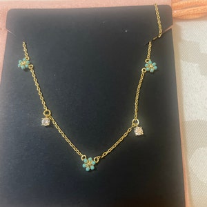CZ Wrapped Teal Turquoise Clover Gold Plated Sterling Silver Station Necklace, Clear Crystal ...