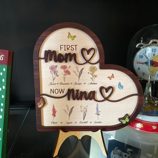 First Mom Now Grandma Wooden Sign, Custom Birth Month Flower Wooden ...