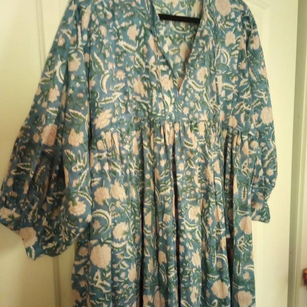 Blue Floral Hand Block Print Cotton Maxi Dress – Indian Boho Tiered Dress with Puff Sleeves main image 1