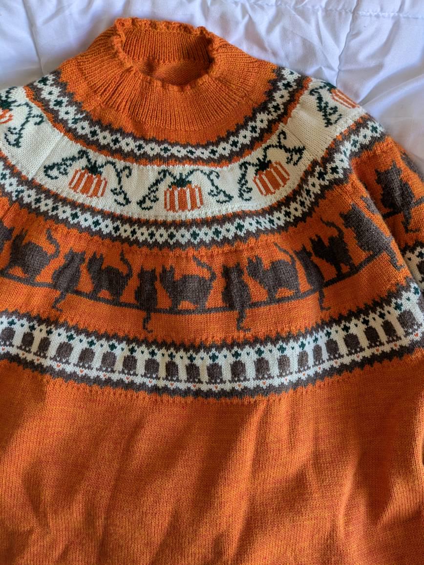 Pumpkins cats handmade sweater jumper. Acrylic Vegan Wool, fall Halloween Christmas Autumn Witch Wizard