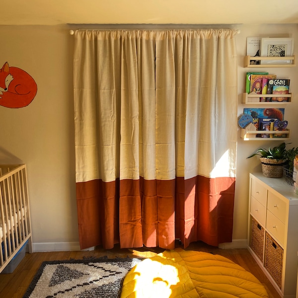Linen Color Block Curtain Panels: Semi-sheer Rod Pocket Curtains (set ...