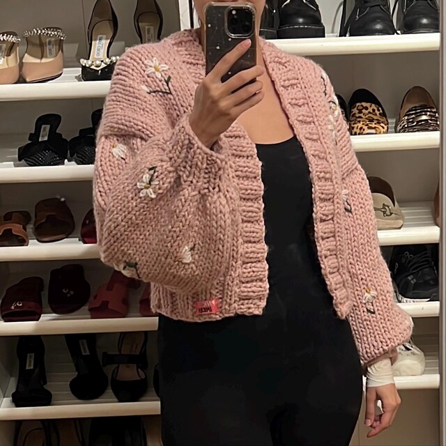 Pnkimera, Pink Floral Embroidered Cardigan, Elegant Hand