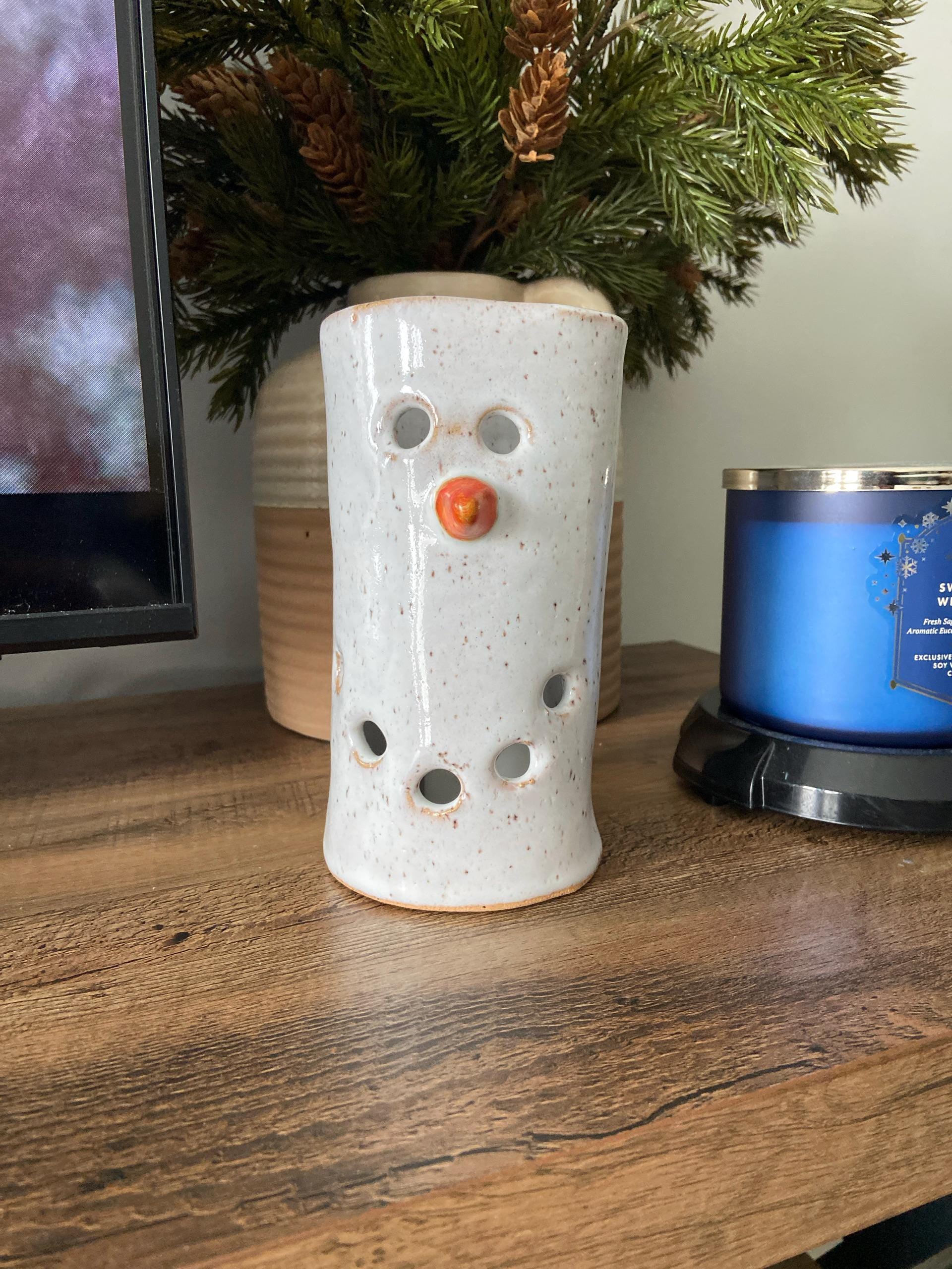 FREE SHIPPING Handmade Ceramic Snowman Luminary Candle Holder - Festive Holiday Decor - Christmas Tealight Lantern