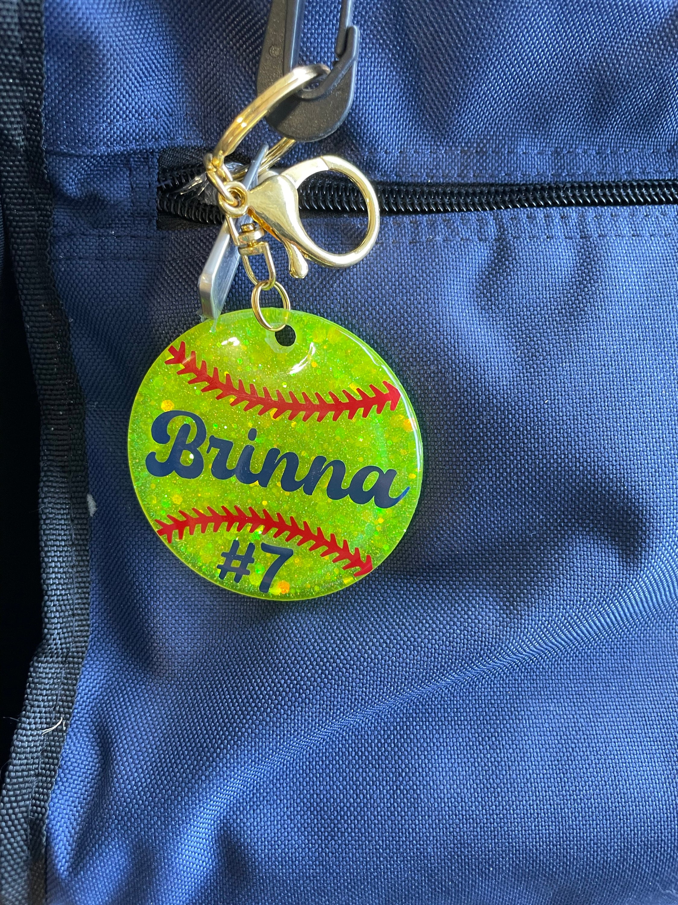 Custom, Glitter Softball Keychain/Bag Tag