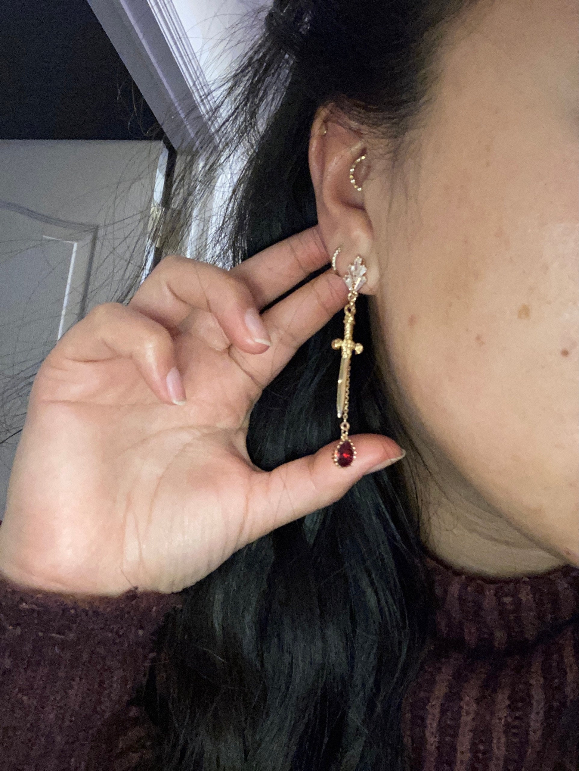 Sword and Blood Drop Dangle 2 Way Earrings / Gold,Silver, Black Deep Red Teardrop Earrings