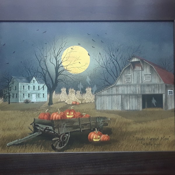Spooky Harvest Moon by Billy Jacobs 16x20 Bat Ghost Wagon Jack Lantern ...