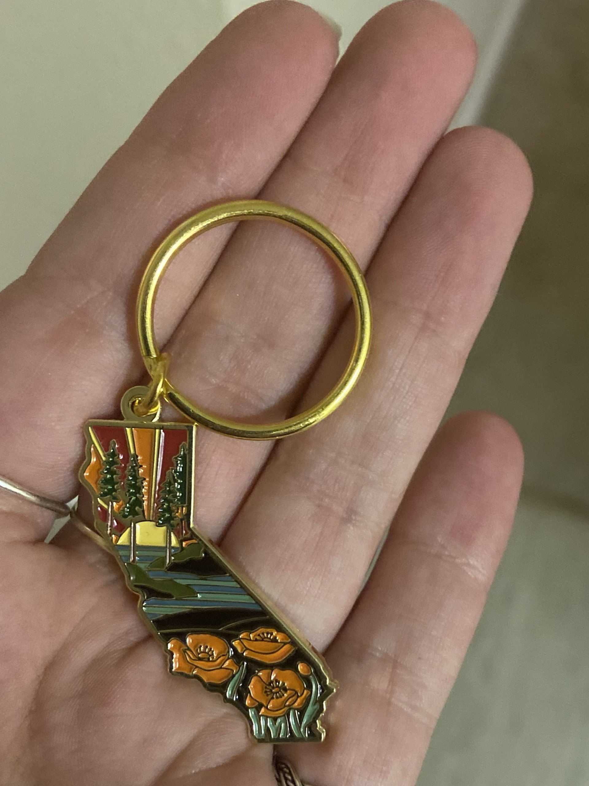 California Poppy Soft Enamel Keychain 1.5&quot; | California Outline Key Ring | Illustrated State Keychain