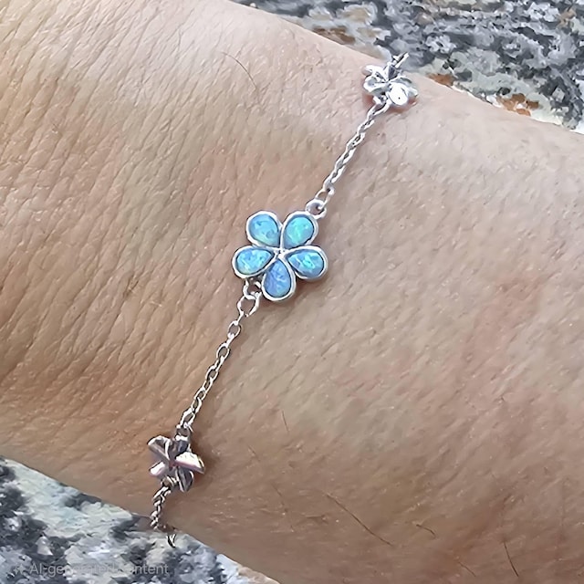 Bracelet Rétro Argenté à Maillons Fleuris Avec Cristal Boréalis - Occasion, Style Vintage