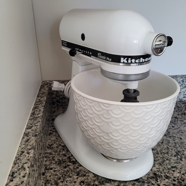 KitchenAid Artisan 5 qt Stand Mixer with the Mermaid Lace ceramic bowl.